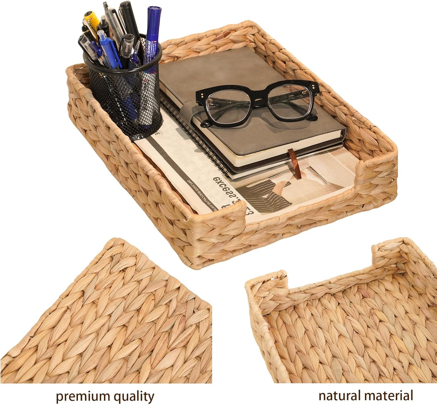 PINXIURY Water Hyacinth Letter Tray for A4 File Desk Mail Letter-Size Paper, Basket Woven Organizer, Magazine Files Storage, Office Document Organizer and Storage