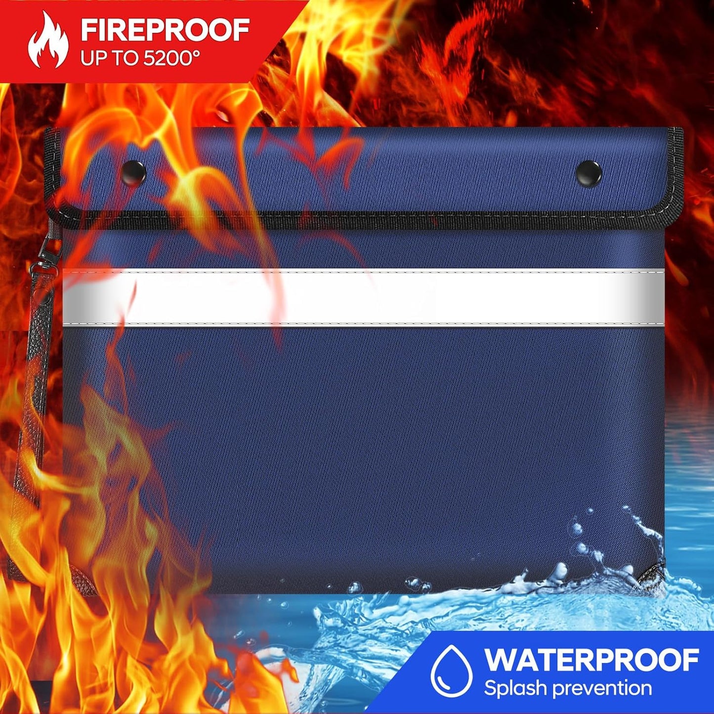 5200°F Heat Insulated Fireproof Document Bag with Zipper,13.9”x10.6” Water Fire Proof Pouch with Reflective Strip,8 Layers of Protective Materials Fireproof Money Bag for Cash,Jewelry(Blue)