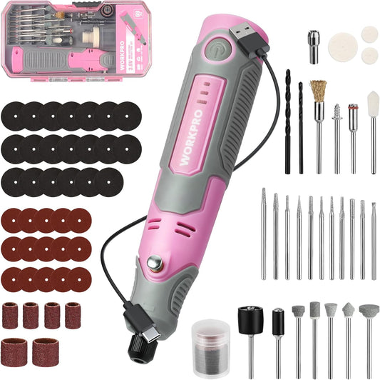 WORKPRO Cordless Rotary Tool Kit with 71pcs Accessories, 3 Variable Speeds, USB Rechargeable Mini Rotary Tool for Engraving, Sanding, Polishing, Carving, Cutting, DIY Crafts - Pink Ribbon