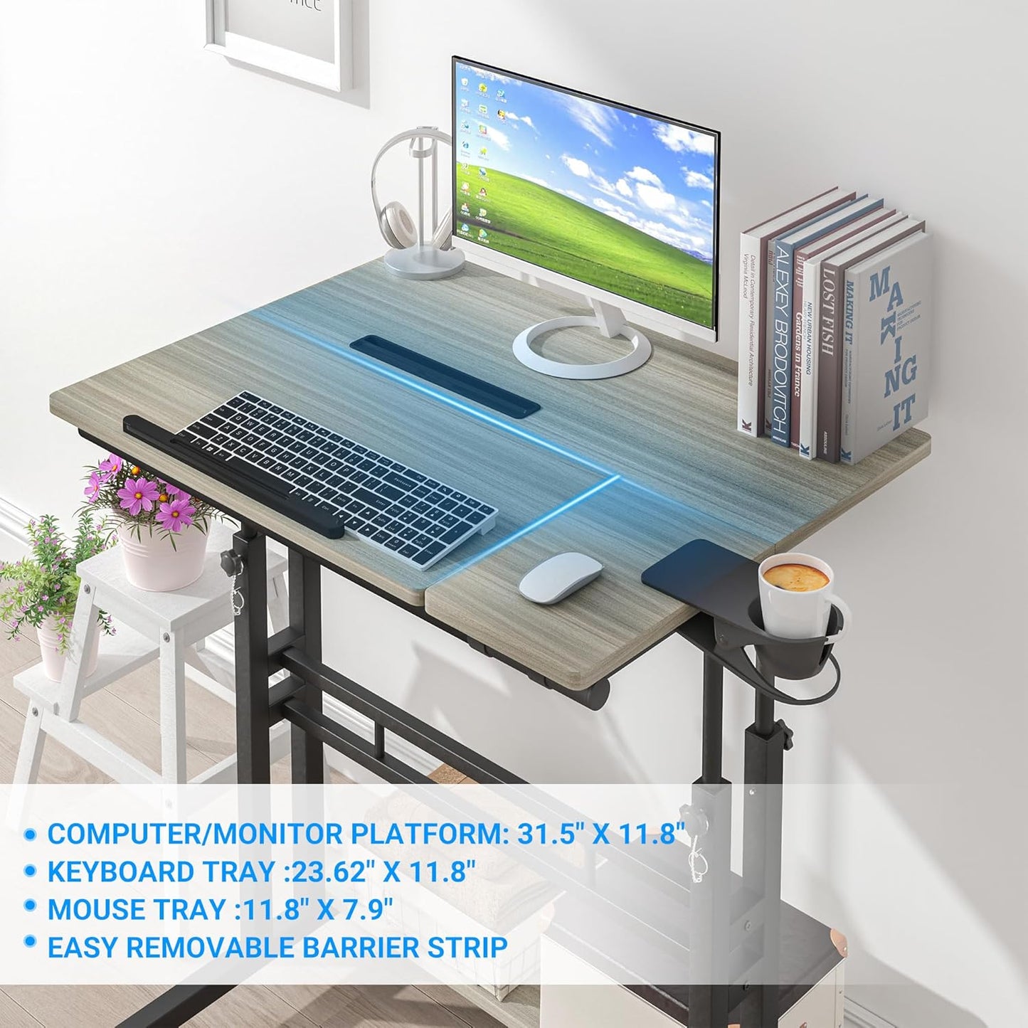 Mobile Standing Desk, Adjustable Rolling Computer Desk with 3 Desktops, Portable Laptop Table with Cup Holder, Home Office Laptop Workstation on Lockable Wheels, Grey Oak