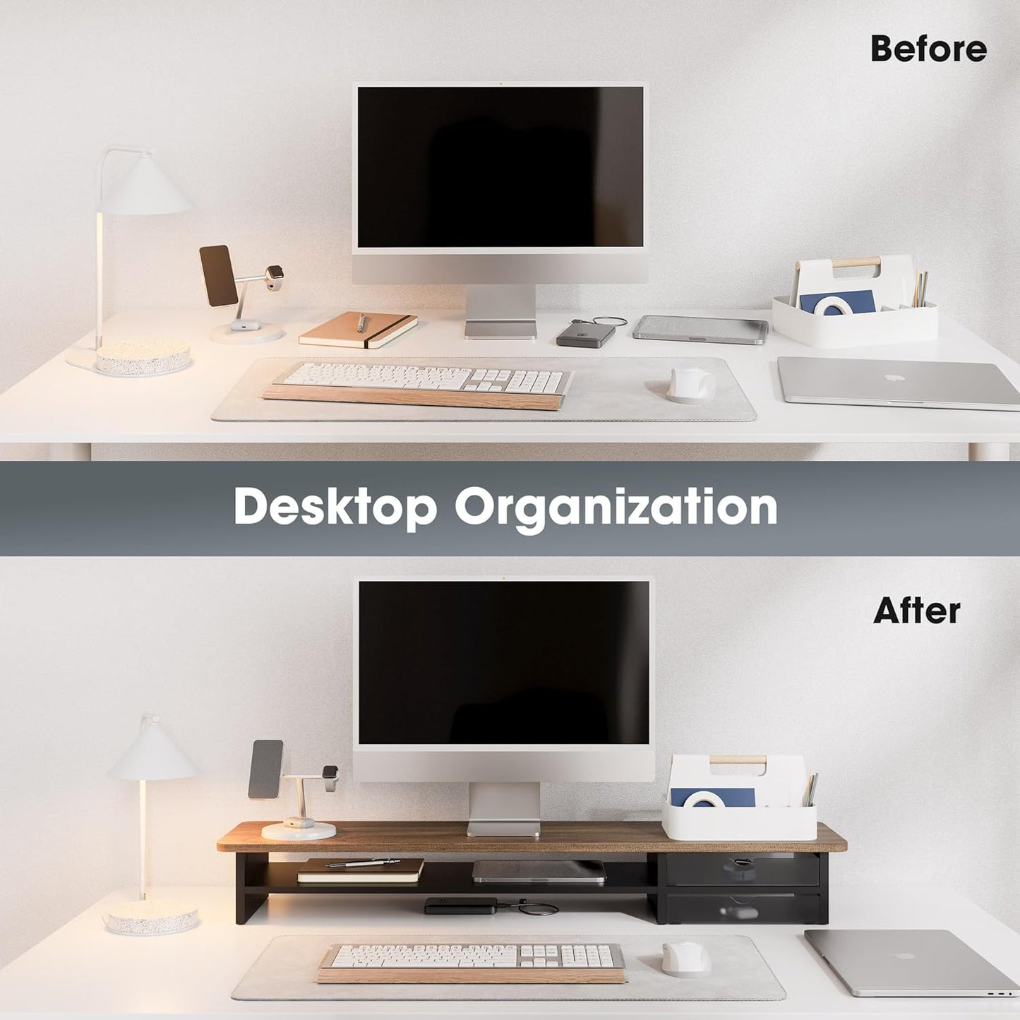 Fenge Monitor Stand, Dual Monitor Riser, 42.5inch Large Desk Computer Monitor Stand Riser with Drawer, 2 Tier Wood & Acrylic Desktop Organizer for Computer, Laptop, Printer, TV Screen Riser