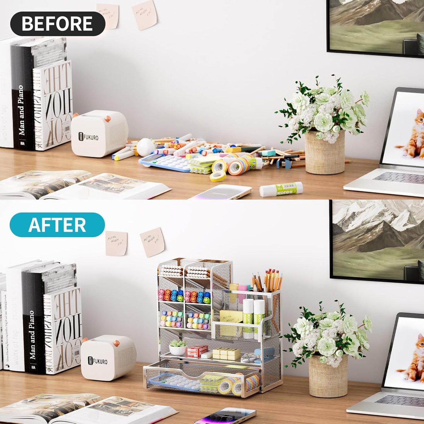 Marbrasse Mesh Pen Holder for Desk, Pen Organizer with Drawer, Multi-Functional Pencil Organizer, Desk Organizers and Accessories for Office Art Supplies (Silver)