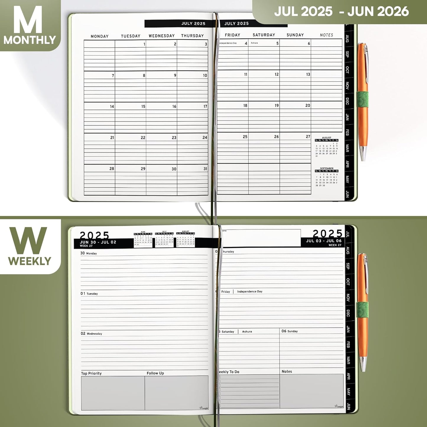 Ensight 2025-2026 HARDCOVER Leather Planner Weekly & Monthly - 6.5x8.5 Inches - Academic Planner Business Personal or Student - Pen Holder, Thick Paper, July 2025 - June 2026 (Olive Green)