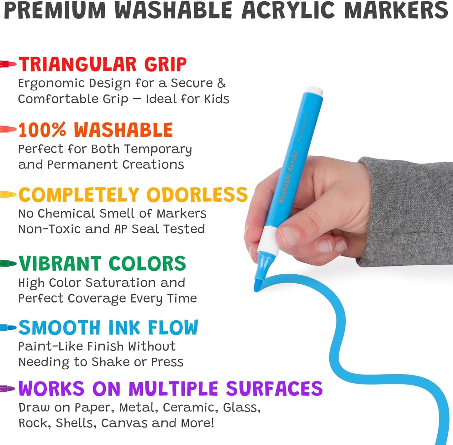 The Pencil Grip Magic Stix Washable Acrylic Markers for Kids and Teens, 36 Non-Toxic Colors, Allergen-Free, Vibrant Paint Pens for Crafting and DIY
