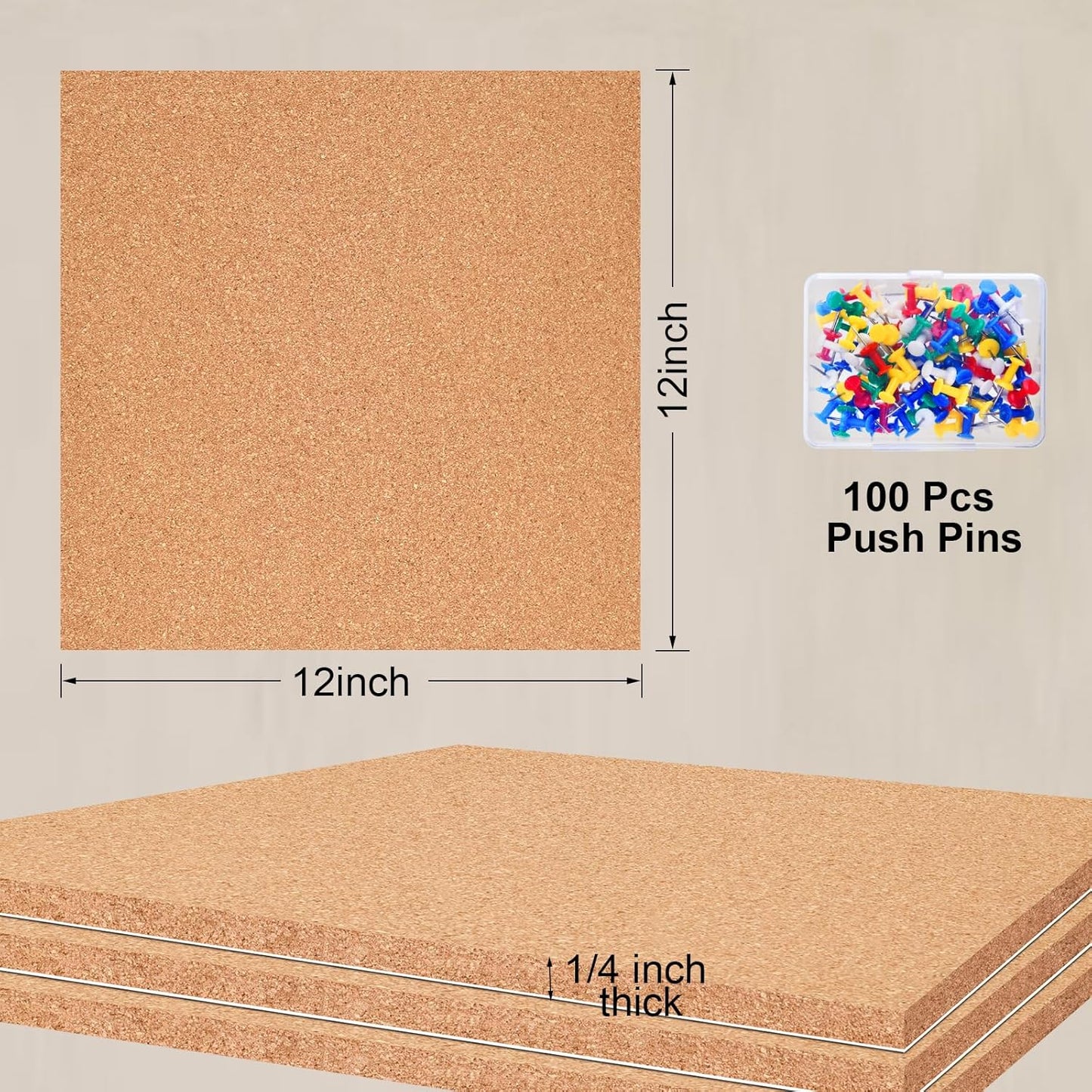 6 Pac Self-Adhesive Square Cork Boards for Wall with 100 Push Pins for Bulletin Boards Cork Wall Home School Office Decorative（12"x12"x1/4" ）
