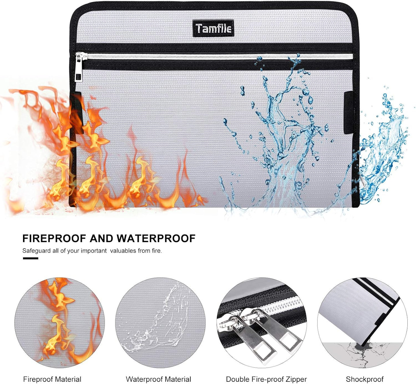 Fireproof Safe Waterproof Accordion File Bag Folder Expanding Filing Folder with 14 Multicolored Pockets, A4 Letter Size, Document Organizer Holder and Color Labels /2 Zipper (Silver 14.3" x 9.8")