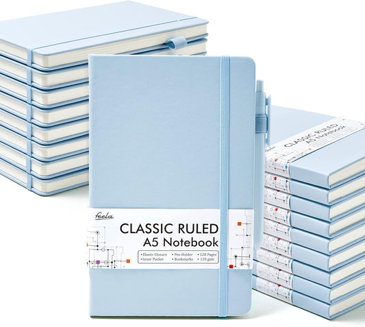 feela 18 Pack Journal Notebook for Work, Business Notebook Bulk Hardcover Lined Writing Journal with Pen Holder for Men Women Note Taking, with 18 Black Pens, 120 GSM, 5.1”x8.3”, A5, Light Blue