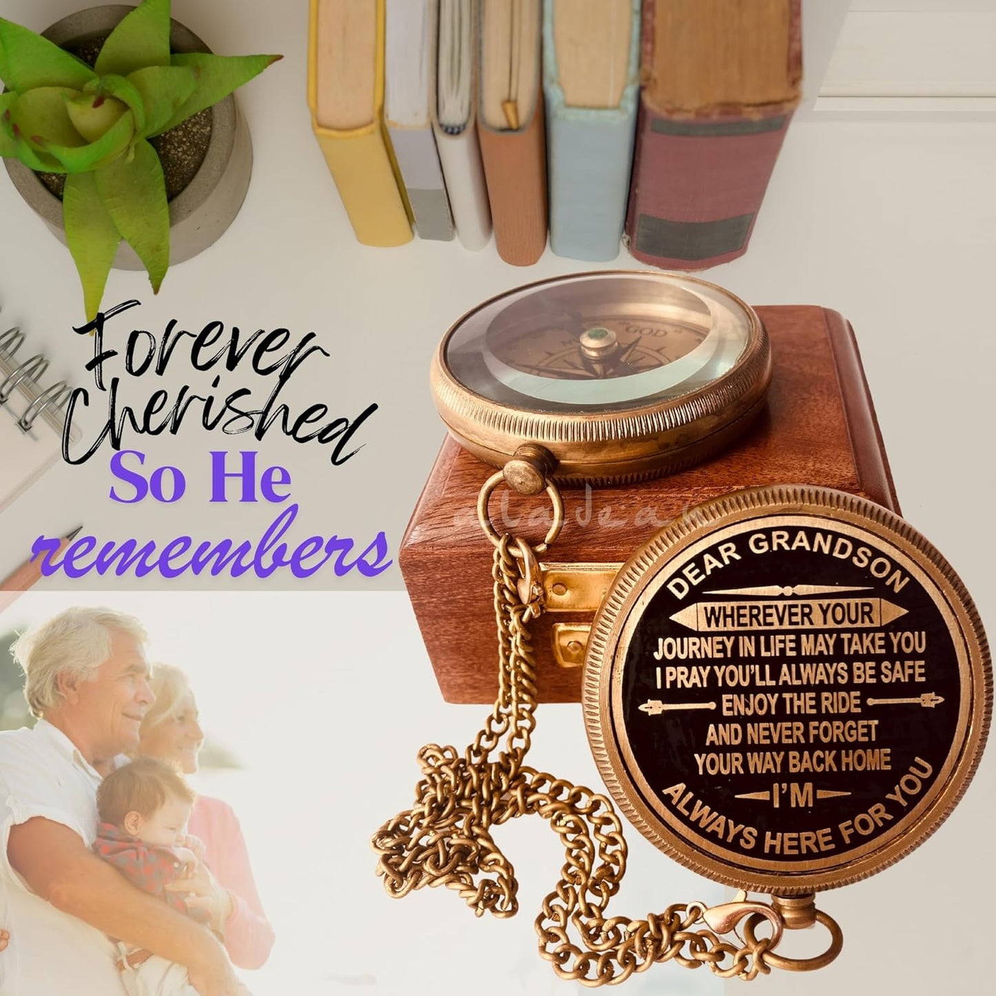 Gift for Grandson Brass Compass Engraved Quote | Memory Present to My Grandson Birthday, Baptism, Graduation, Confirmation, Love, Gift idea by Grandpa Grandma
