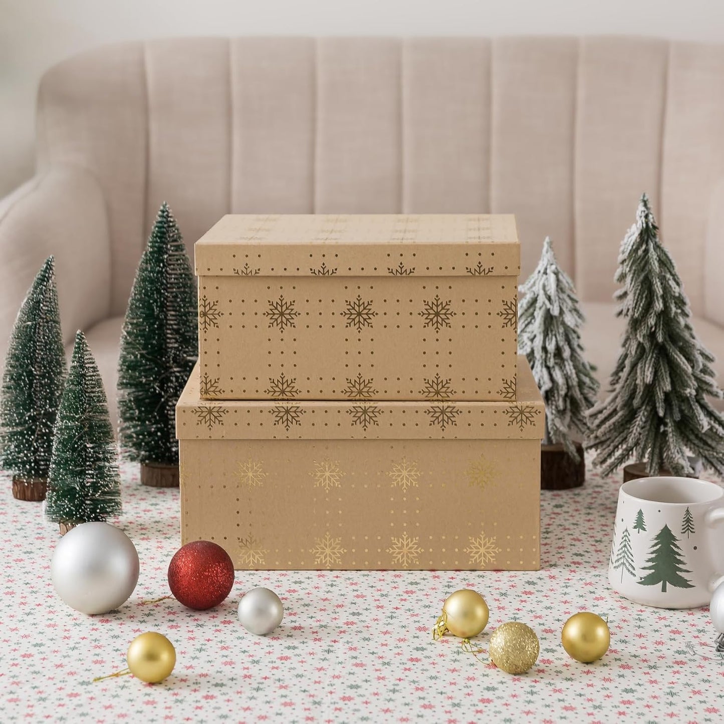 Soul & Lane Christmas Gift Boxes with Lids, Vintage Kraft Reusable Christmas Nesting Boxes for Presents, Decorative Cardboard Large Holiday Storage For Keepsakes and Snowflakes Decor, Set of 2
