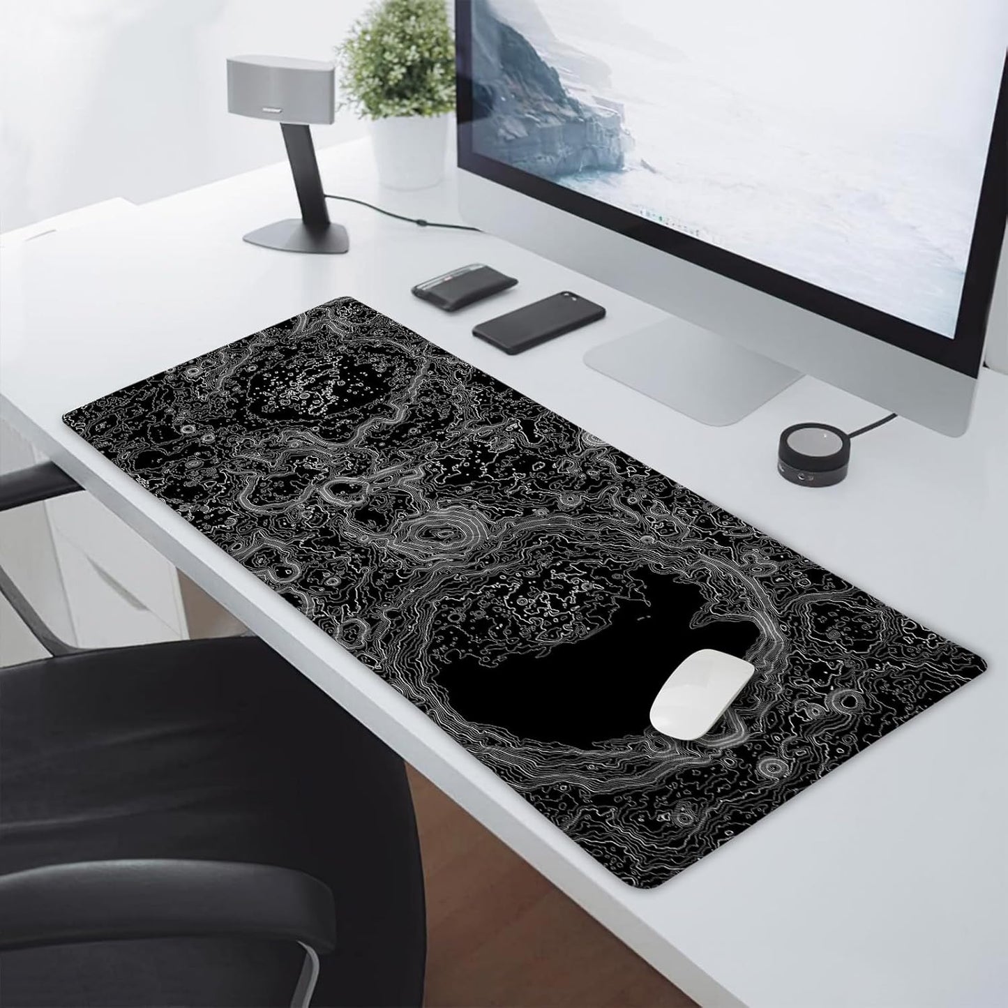 Black Whtie Topographic Gaming Mouse Pad XXL Topo Moon Relief Map Extended Large Mat Mousepad Desk Pad Non-Slip Rubber Base Stitched Edge Long Mousepad for Desktop Office Desk, 35.4 x 15.7 in