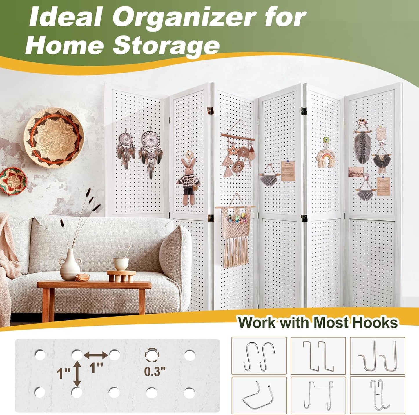 NicBex 6 Panel Pegboard Display,5.6FT Wood PegBoard Room Dividers,Folding Privacy Screens Portable Freestanding Display Board for Craft/Art Shows,Room Separation,White