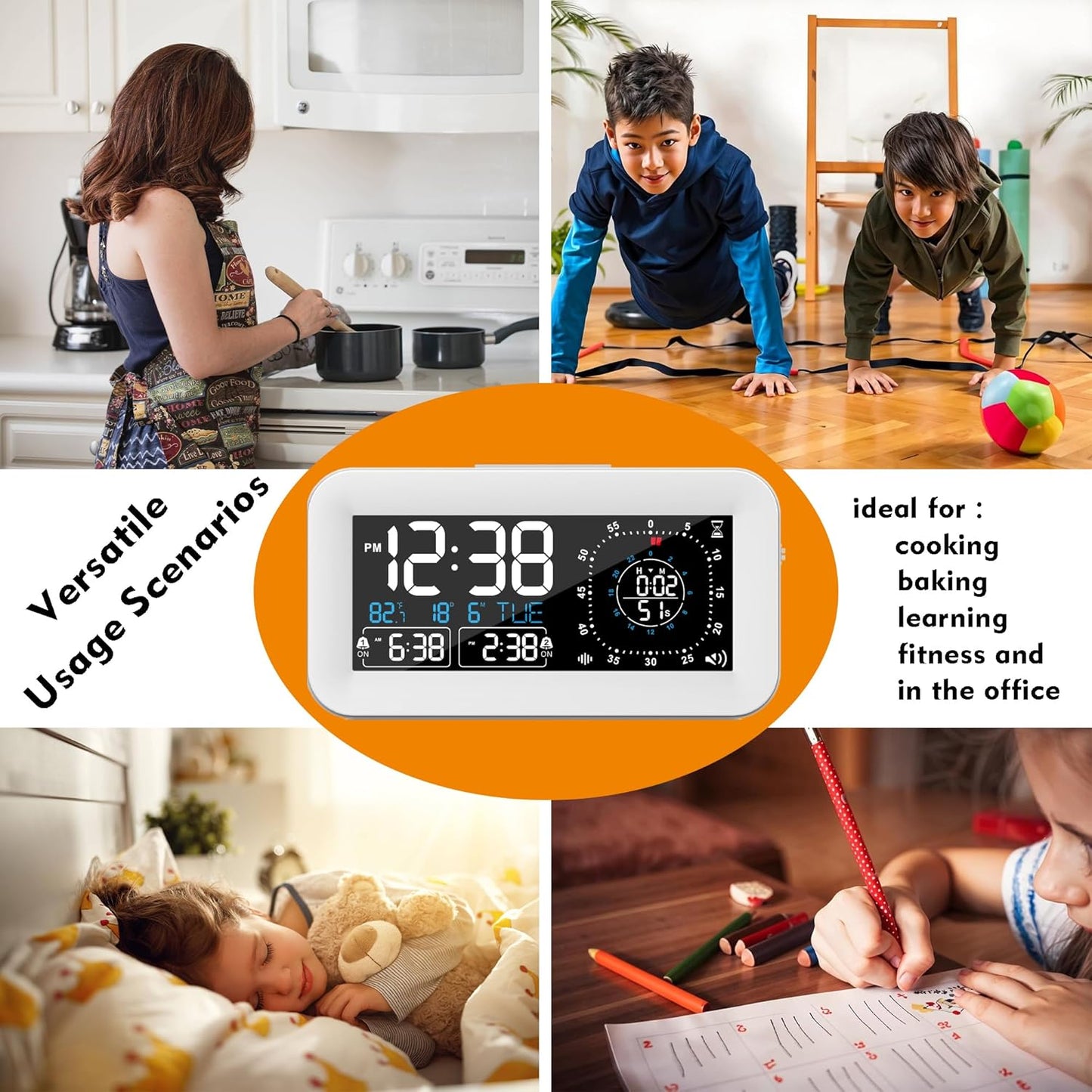 Digital Dual Alarm Clock for Bedroom,Visual Timer Clock for Kids,Dual Display Countdown Stopwatch Timer Dual Alarm Clock, Time Management Station for Homeschooling Teaching Home Kitchen Office (White)