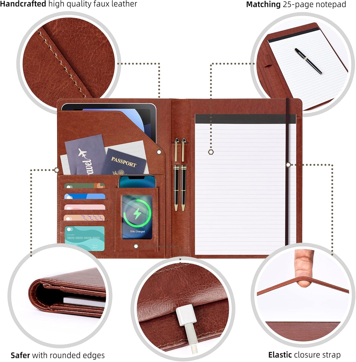 Brown Leather Portfolio Organizer Clipboard Storage Folio Padfolio for Men Notepad Notebooks for Work
