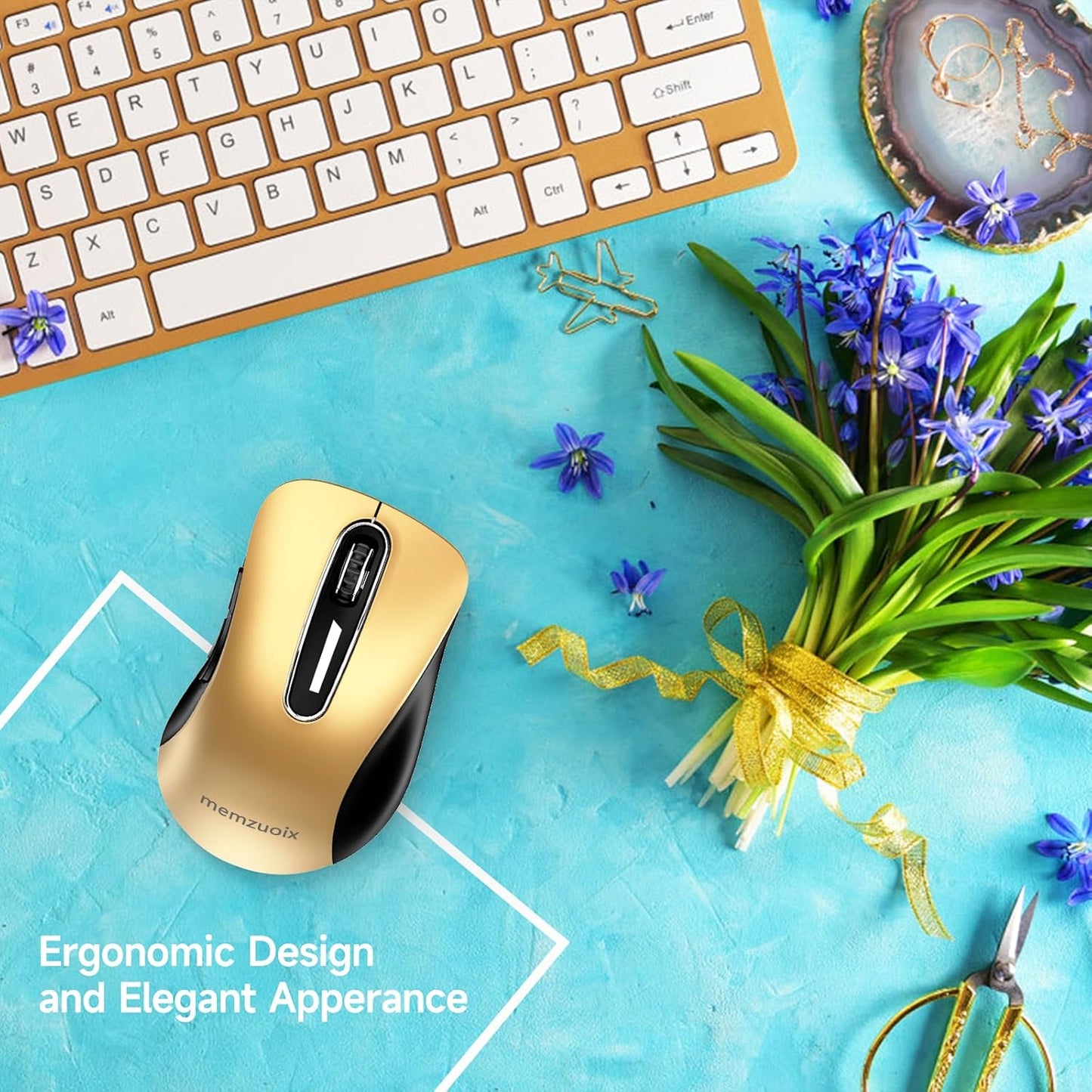 memzuoix 2.4G Wireless Mouse, 1400 DPI Mobile Optical Cordless Mouse with USB Receiver, Portable Computer Mice Wireless Mice for Laptop, PC, Desktop, MacBook, 5 Buttons (Gold)