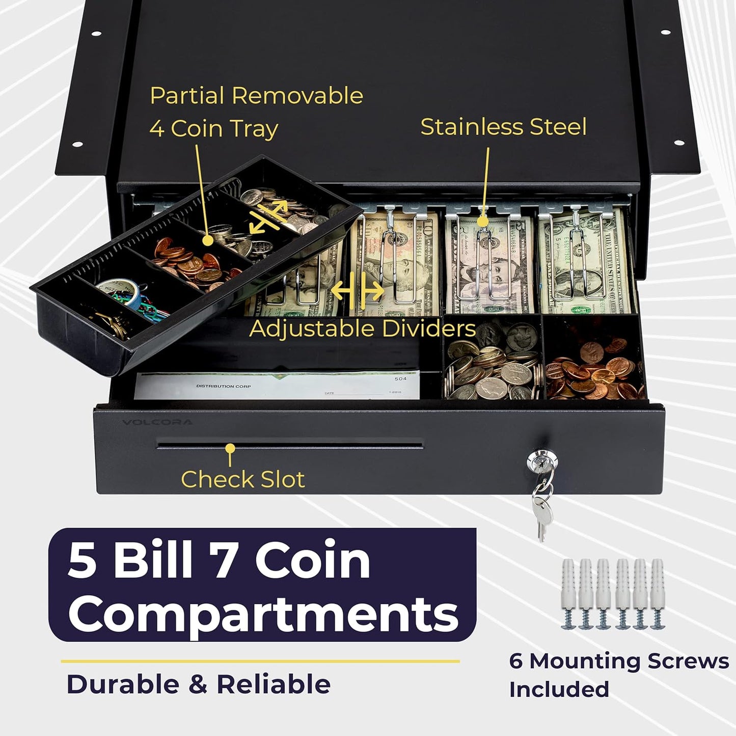 Volcora Cash Register Drawer with Under Counter Mounting Metal Bracket - 16" Black Cash Drawer for POS, 5 Bill 6 Coin Cash Tray, Removable Coin Compartment, 24V RJ11/RJ12 Key-Lock, Media Slot