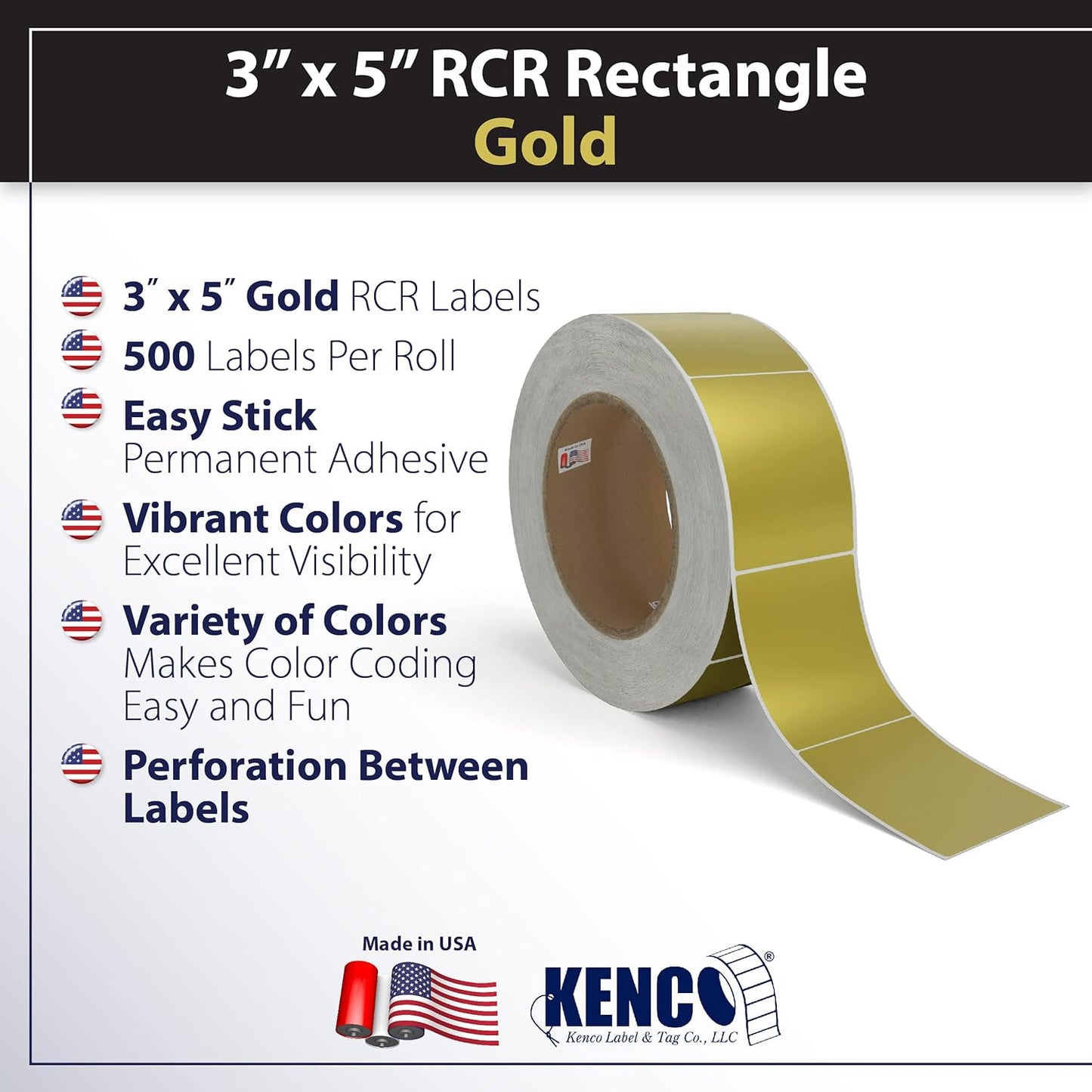 Kenco Color Coding 3 X 5 Rectangle Labels, Inventory Control Stickers 500 Labels Per Roll, Made in The USA (Gold)