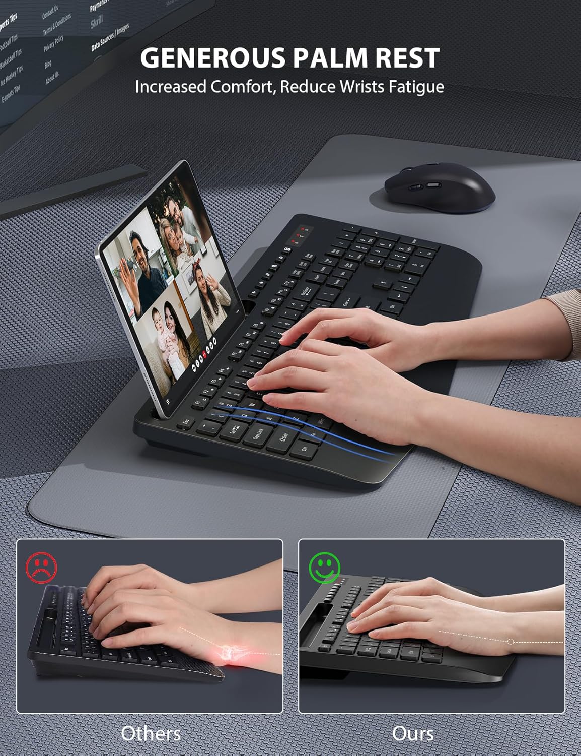 Wireless Keyboard and Mouse Combo 2 Pack - Full-Sized Ergonomic Keyboard with Wrist Rest, Phone Holder, Sleep Mode, Silent 2.4GHz Cordless Keyboard Mouse Combo for Computer, Laptop, PC, Mac, Windows