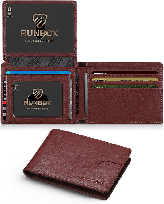 RUNBOX Wallet for Men Slim Rfid Leather 2 ID Window With Gift Box