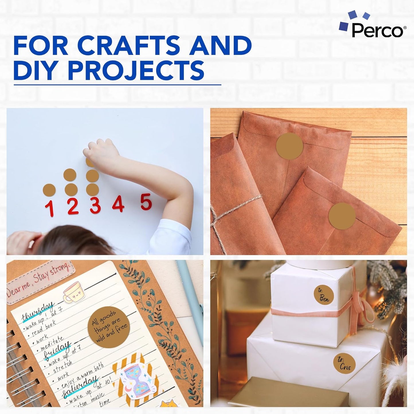 Perco Kraft Brown 2-Inch Round Circle Dot Sticker Labels - Multi-Roll Pack (3 Rolls, 500 Labels Each) - Permanent Adhesive, Natural, Cardboard-Like Surface - Perforated for Easy Use - Made in USA