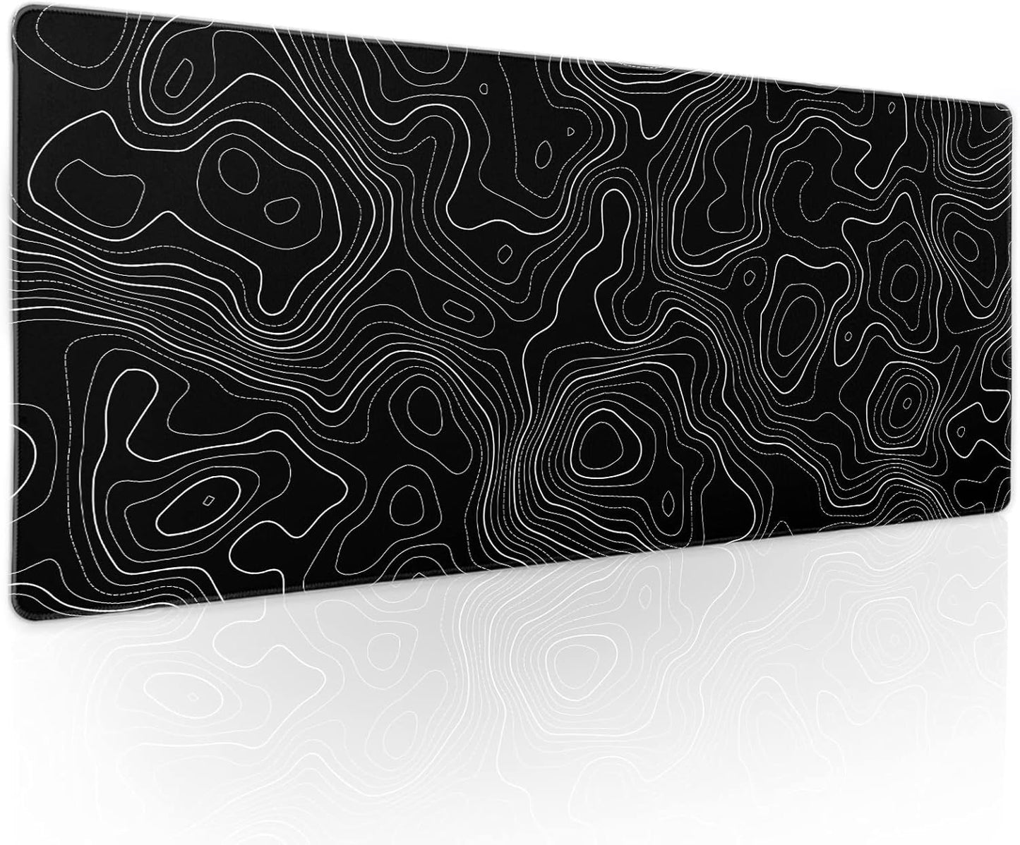 Topographic Contour Black Gaming Mouse Pad XL Topo Geographic Map Lines Extended Large Mouse Pad Big Desk Mat Non-Slip Rubber Base Stitched Edge Long Keyboard Playmat for Desk Computer,31.5×11.8 in
