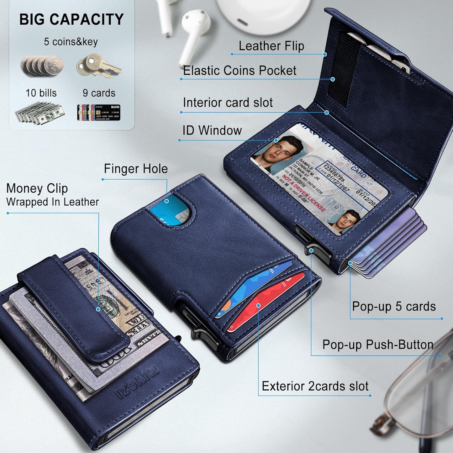 Wallet for Men with Money Clip Coins Pocket ID Window Gift Boxed,Slim Smart Front Pocket RFID Blocking Wallet Pop-up Card Holder in Magnetic Leather Flip 3.9"x 2.7"