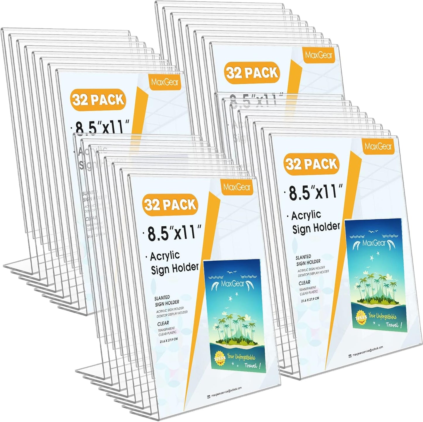 MaxGear Acrylic Sign Holder 8.5 x 11 Inches , Clear Sign Holders Plastic Display Stand Slant Back Countertop Display Picture Frames for Menus, Flyer, Use In Office, Store, 32 Pack