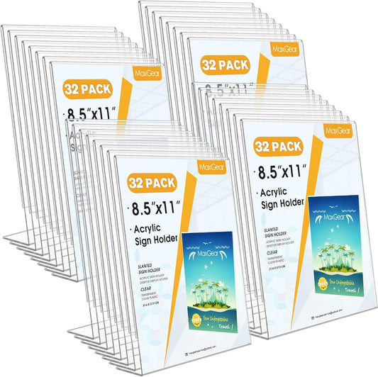 MaxGear Acrylic Sign Holder 8.5 x 11 Inches , Clear Sign Holders Plastic Display Stand Slant Back Countertop Display Picture Frames for Menus, Flyer, Use In Office, Store, 32 Pack