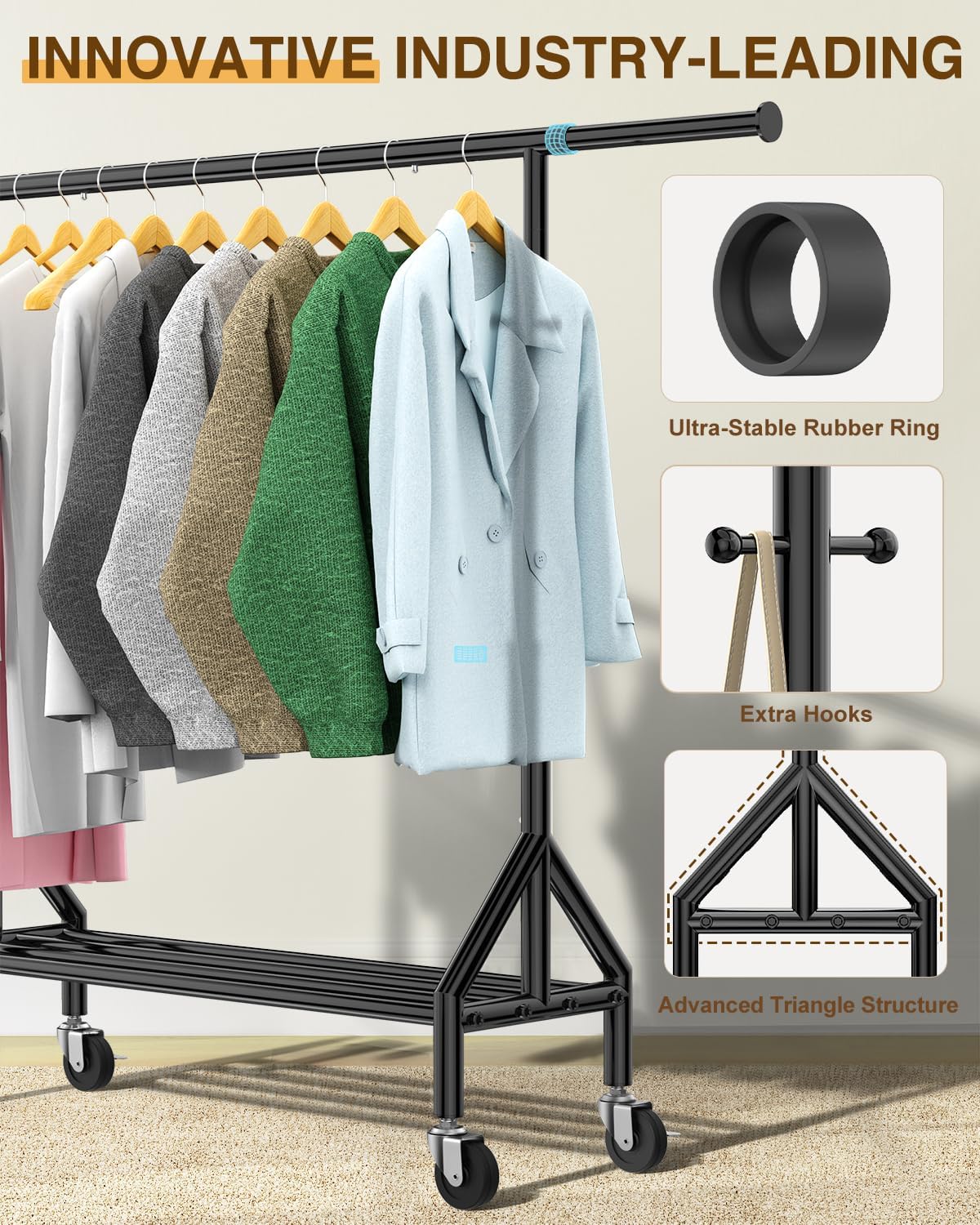 Heavy Duty Clothes Rack Load 520LBS, Adjustable Rolling Clothing Rack with Sturdy Wheel, Metal Industrial Closet Garment Racks for Hanging Clothes Coat, Portable for Bedroom, Laundry Living Room