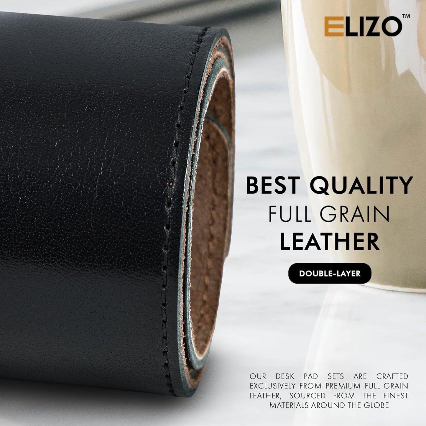 Elizo Leather Desk Mat Desk Pad Blotter Set - Real Full-Grain Leather (32x16) 2-Layer Genuine Desk Cover Protector & Large Mouse Pad | Computer Keyboard Desk Accessories for Office & Home