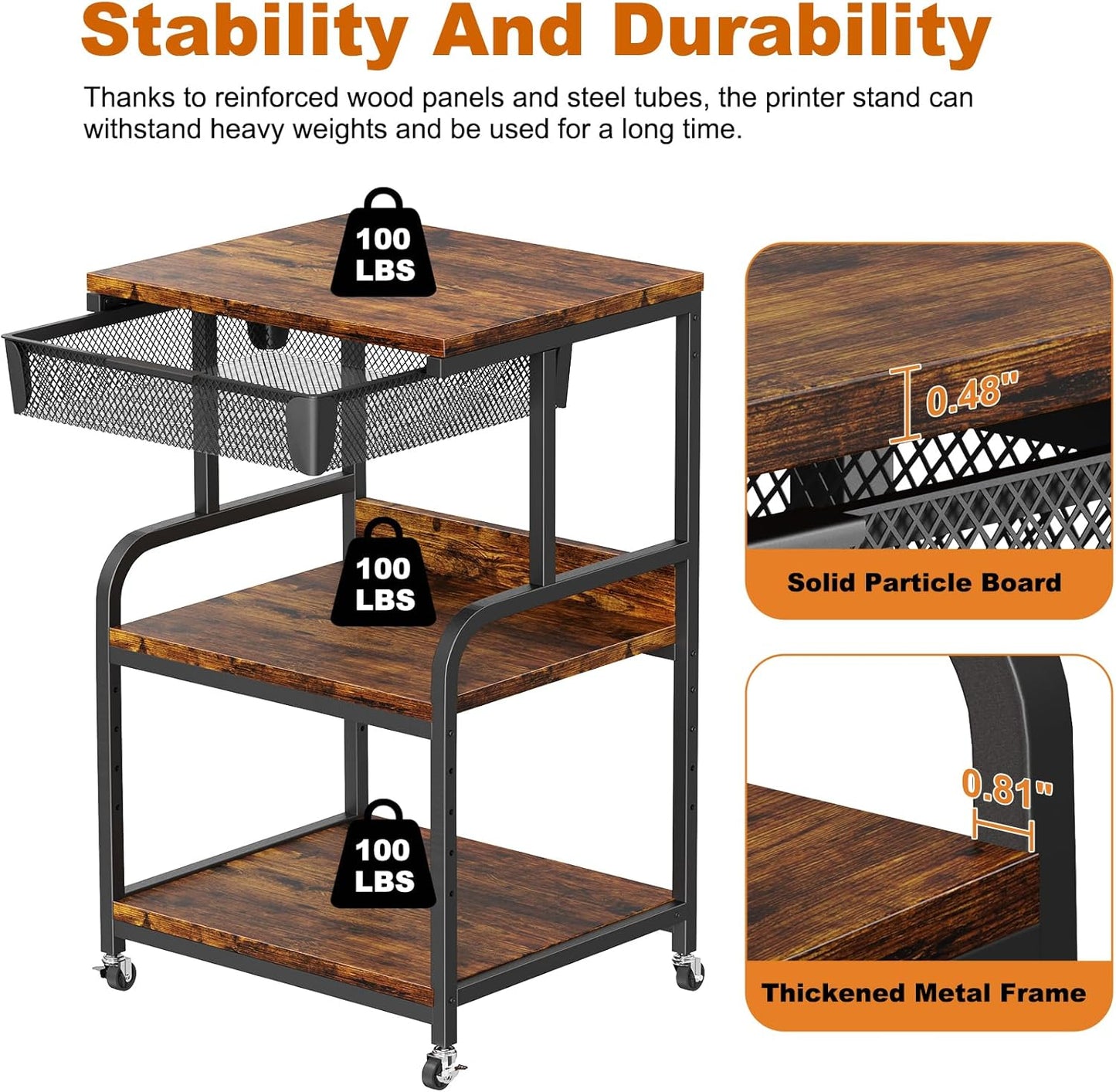 EasyCom Large Printer Stand with Storage Drawer, 5 Adjustable Shelf & 3-Tier Rolling Cart with Industrial Wheels for Desk, Mobile Printer Table for Home Office Fits 3D Printer Scanner Fax Rustic Brown