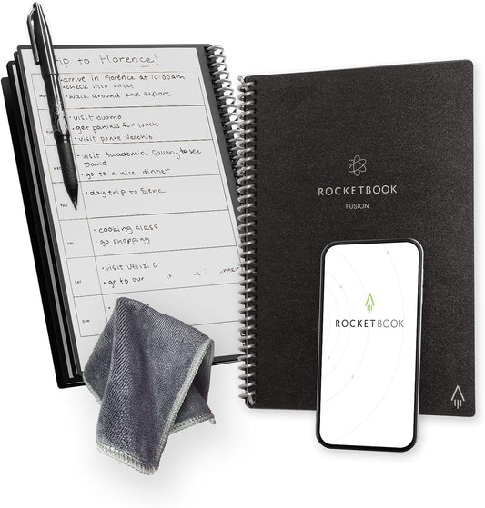Rocketbook Fusion Reusable Undated Productivity Planner, Executive Size 6x8.8, Black - Goals, Monthly and Weekly Calendar, Daily To-do List, Lined and Dotted Notes Pages