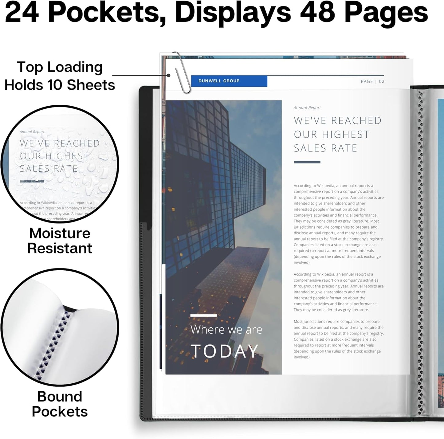 Dunwell Presentation Binder 24-Pocket, Displays 48 Pages, 8.5x11 Portfolio Binder with Plastic Sleeves, Storage and Organizer for Documents, Certificates, Projects, Photos (Black)