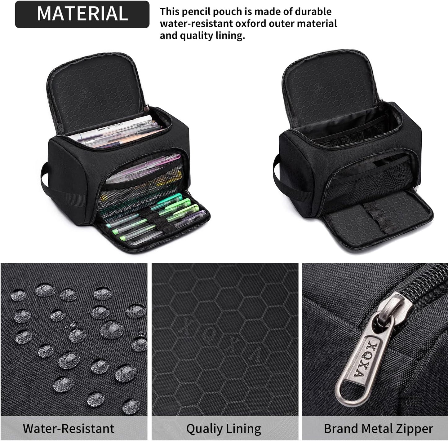 XQXA Large Capacity Pencil Case Organizer, Multifunctional Extra Big Pencil Pouch with Compartmens, Travel Simple Stationery Pen Bag, Fabric Pencil Bag for Men Women Girl Boy (Black)