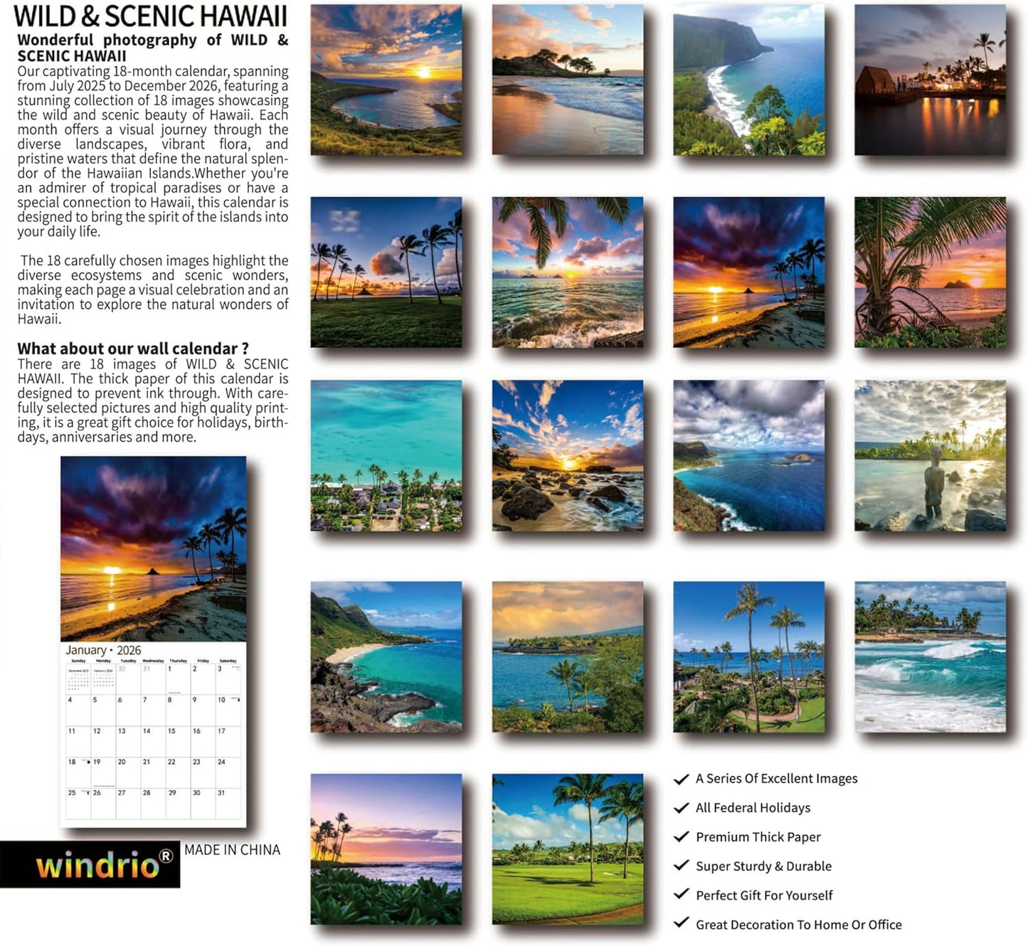 2026 Wall Calendar,Calendar 2026, July 2025 - December 2026, Wall Calendar Wild & Scenic Hawaii, 12" x 24" Opened,Full Page Months Thick & Sturdy Paper for Calendar Organizing & Planning