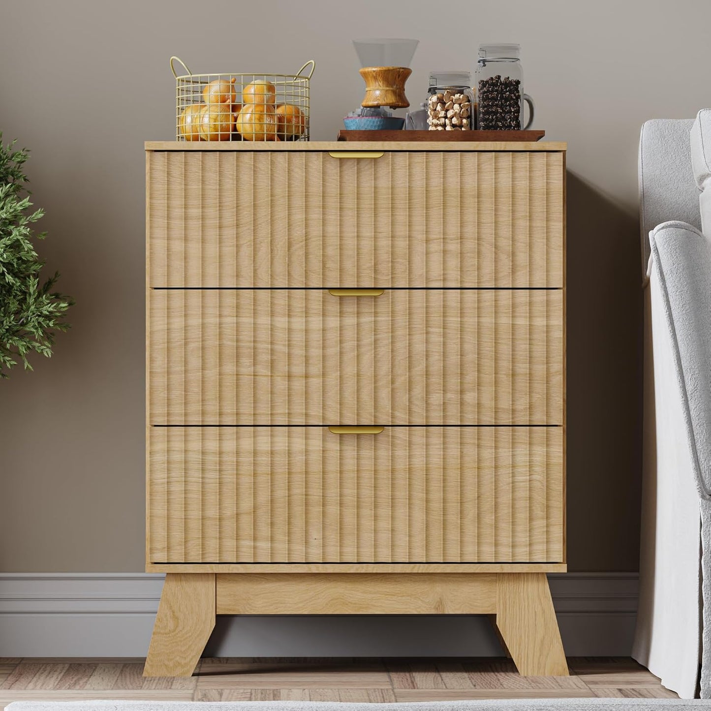 Fluted 3 Drawer Dresser, 30.3" Tall Compact Modern Boho Chest of Drawers, Wooden Storage Cabinet for Bedroom, Living Room, Entryway, Curved Profile Design