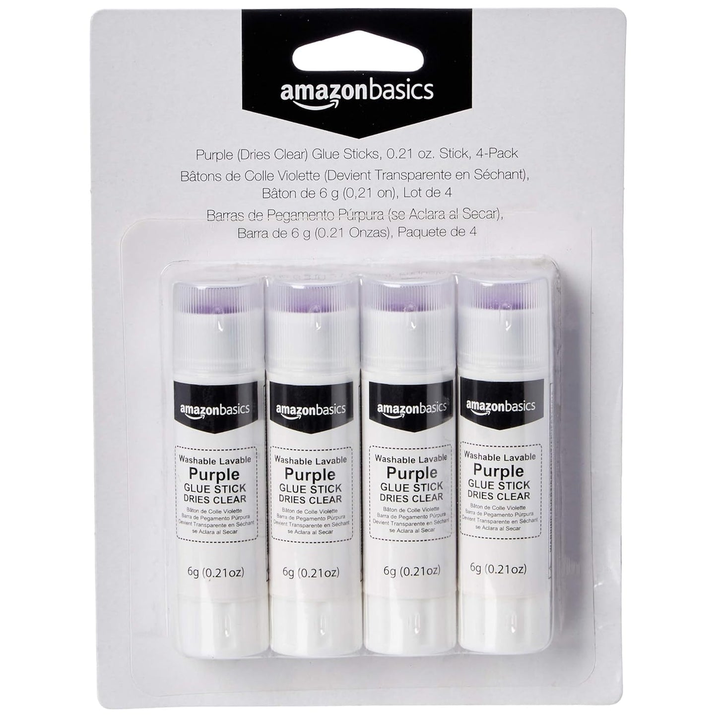 Amazon Basics Purple Washable School Glue Sticks, Dries Clear, 0.21 oz Stick, 4-Pack