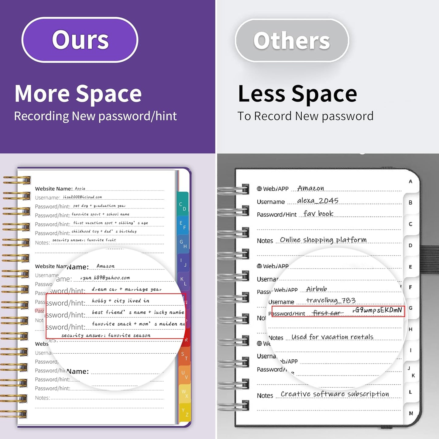 Password Book with Alphabetical Tabs, Password Keeper Book for Seniors, 5.8" X 8.2" Medium Size Password Notebook, Spiral Hardcover Password Journal Logbook for Website Logins, Purple