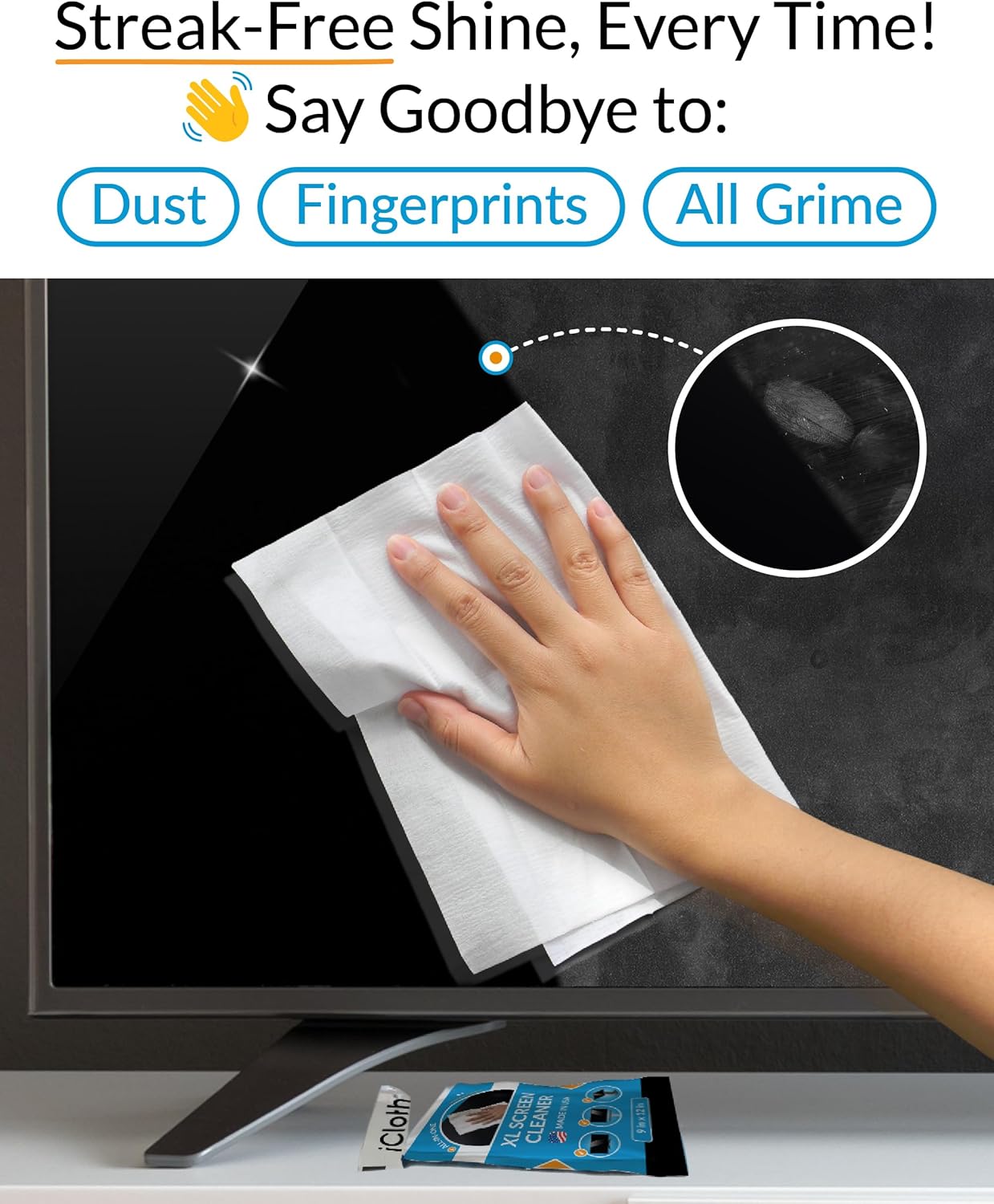 iCloth XL Screen Cleaning Wipes, Lint-Free and Streak-Free, Fast-Drying, Removes Dust, Fingerprints, and Smudges (60 XL Wipes)