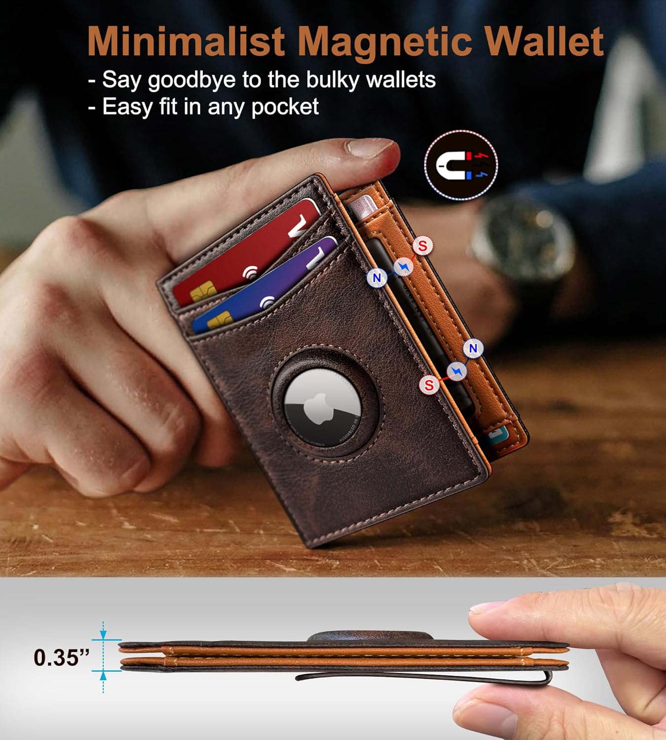 Airtag Wallet for Men- with Money Clip Gift Boxed, Magnetic Closure Slim Genuine Leather Front Pocket Wallet, 4.1"x 2.8", RFID Blocking