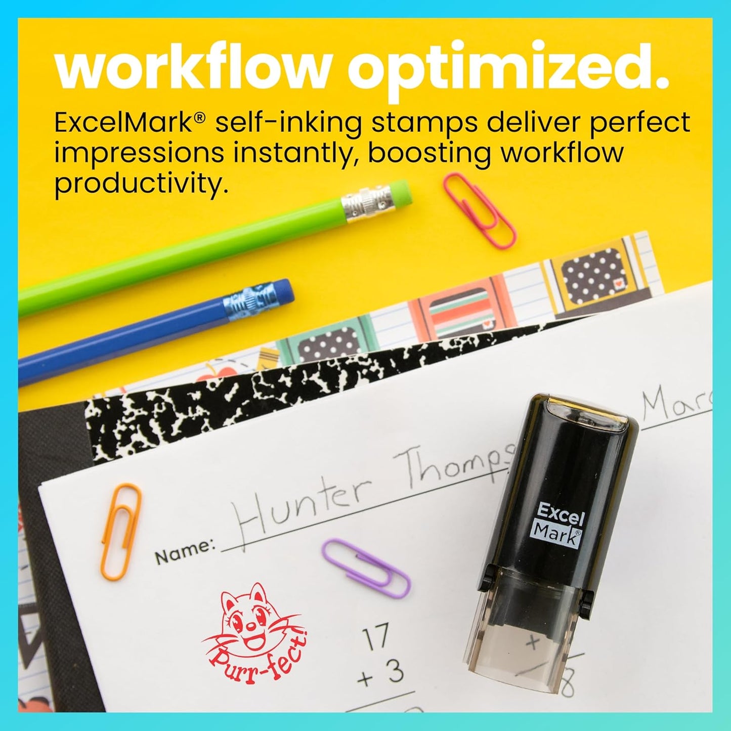 ExcelMark Round Teacher Stamp - Purr-FECT! - RED Ink