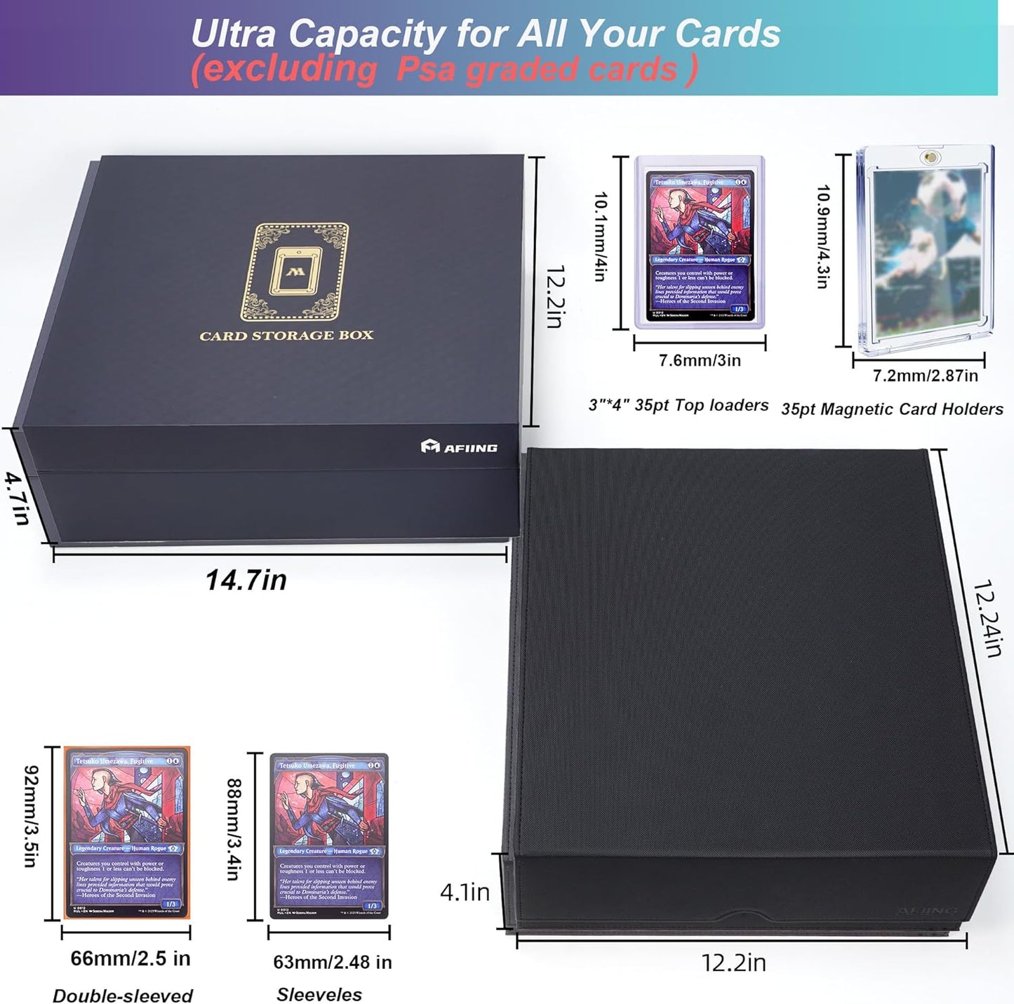 AFIING Trading Card Storage Box 6000+ Capacity – DIY Toploader Case w/ 24 Dividers & 8 Supports, Fits 3x4 Rigid Card,Deck Box for MTG TCG Sports Cards– Black & Cyan