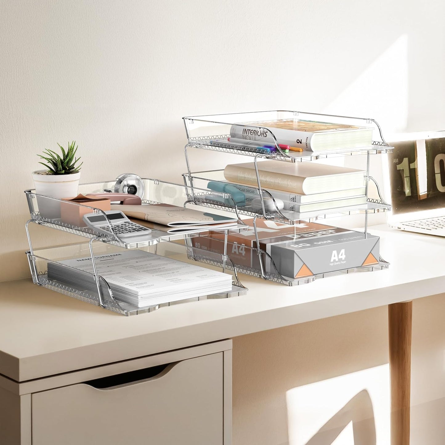 Simple Houseware 2-Tier Clear Stackable Letter Tray Organizer – Desktop File Holder for A4/Letter Size Paper, Document Sorter, Office Desk Paper Organizer, Transparent File Storage