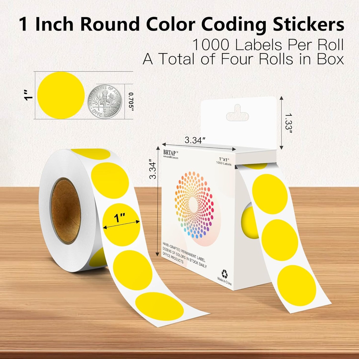 Yellow 1 Inch Round Color Coding Labels with 4000 Dots, 4 Rolls - Bright Color Dot Stickers for File Folders, Inventory System - Highly Visible