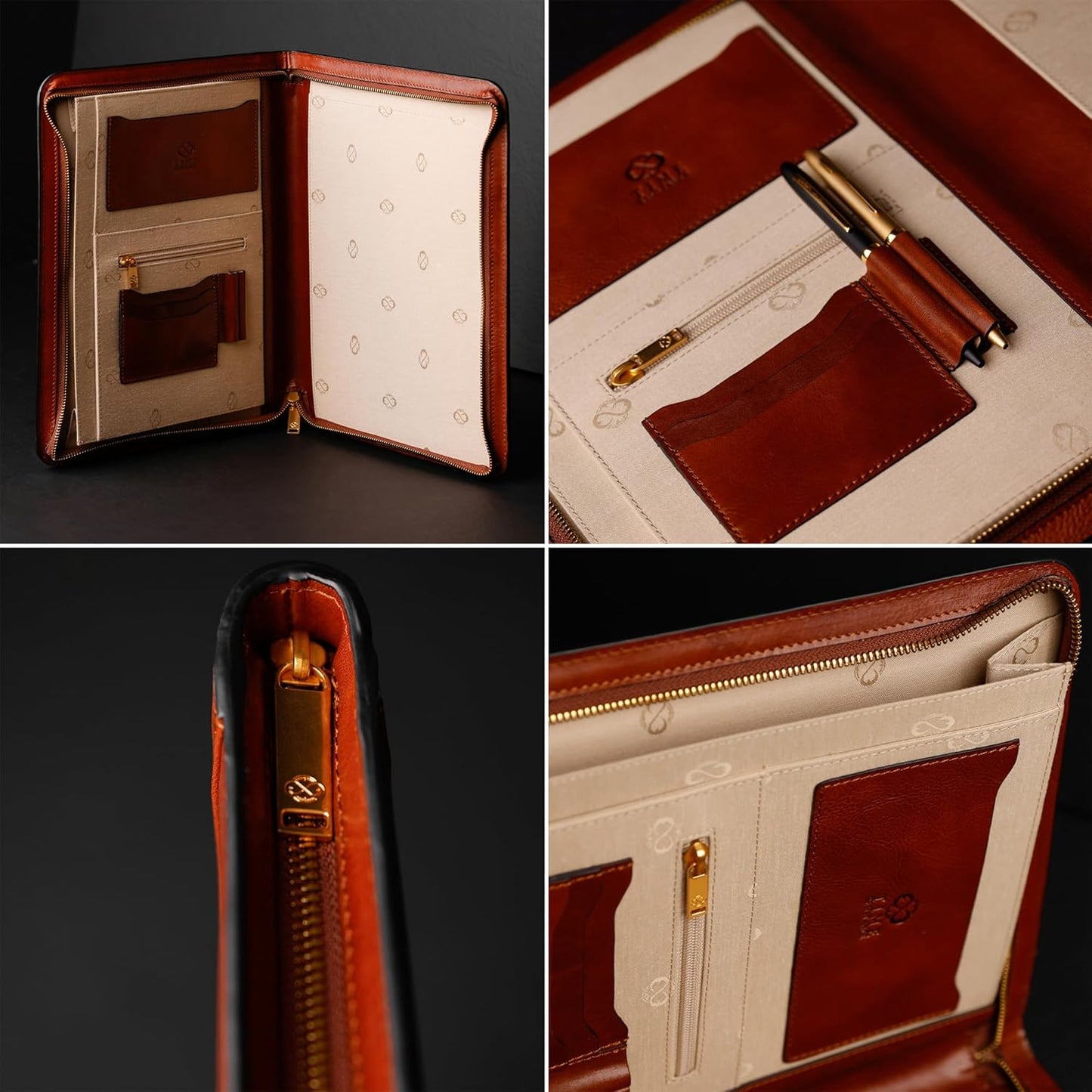 Time Resistance Leather Portfolio - A4 Document Folder - Italian Handcrafted Padfolio Organizer (Cognac Brown) - Gift Box Included