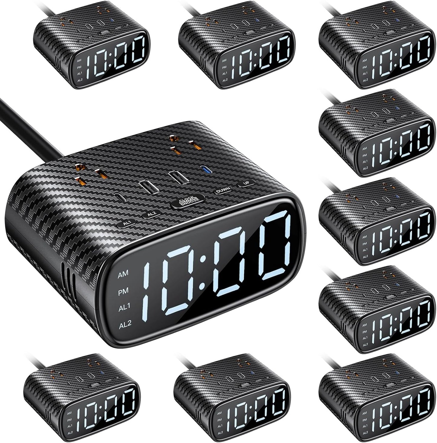 XBA 10PCS Digital Alarm Clock with 20W USB C Ports, Dual Alarm Clock Power Strip with 2 AC Outlets, 4 USB Charging Ports, Dimmable Snooze Desk Clock with 6FT Cords for Bedrooms,Travel, Black
