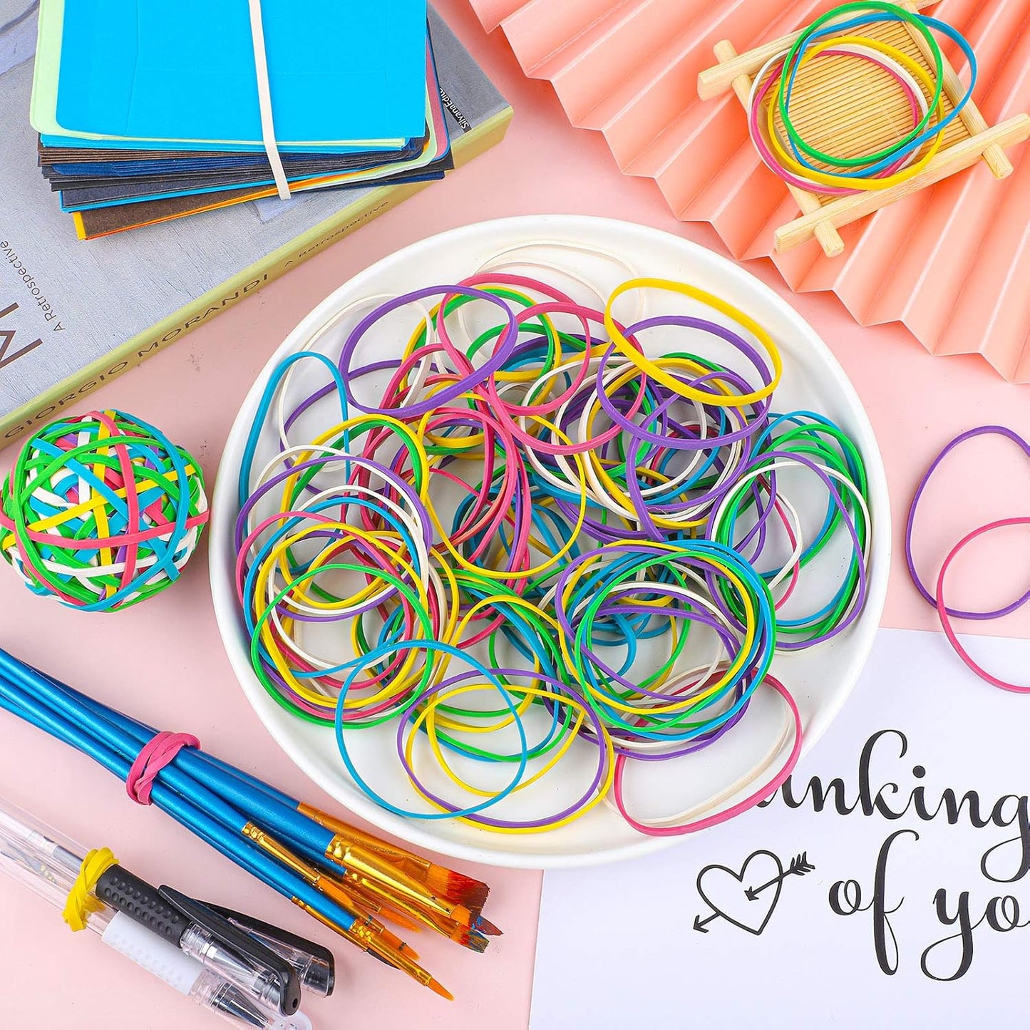 2 Pack Coloured Rubber Bands, Elastic Stretchable Band Ball Document Organizing for Office, Home, 300 Pieces