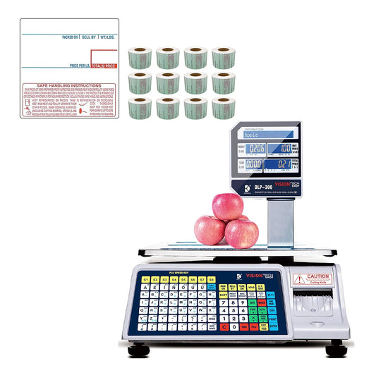 VisionTechShop DLP-300 Label Printing Scale Pole Display, 30/60lbs Capacity, 0.01/0.02lbs, NTEP Legal for Trade with a Free 1 case CAS LST-8040 UPC/Safe Handling Label, 58 x 60 mm