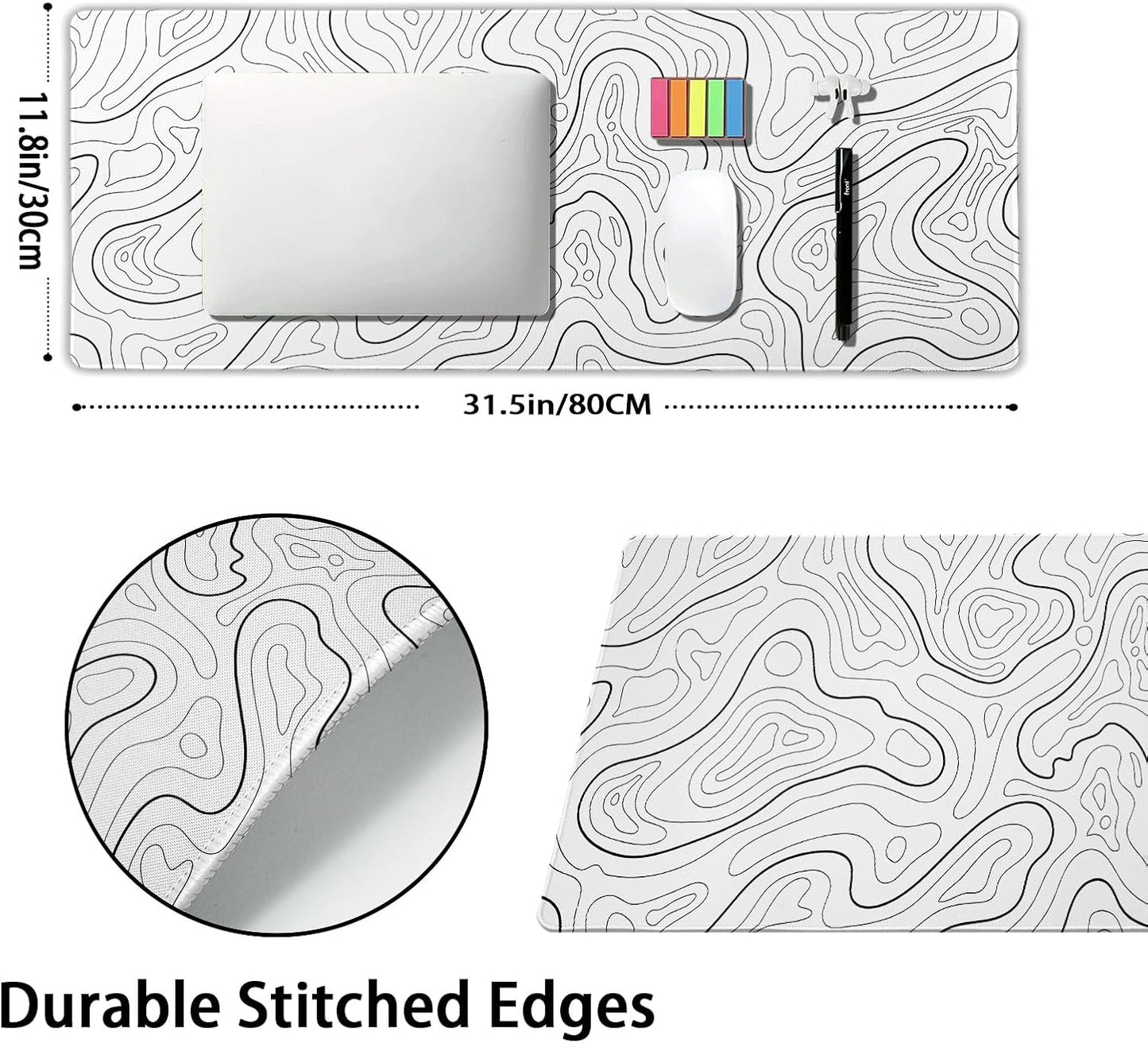 White Topographic Contour Gaming Mouse Pad XL Geographic Map Lines Minimalist Extended Large Mat Mousepad Desk Pad Non-Slip Rubber Base Stitched Edge Long Keyboard Pad for Computer,31.5×11.8 Inch
