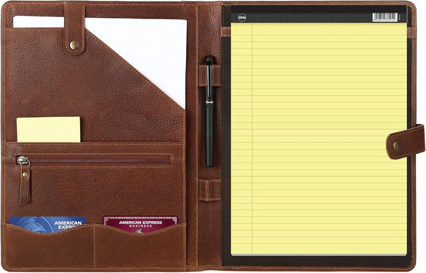 KomalC Leather Portfolio Folder with Button Closure | Business Padfolio for Professionals | Vintage Full-Grain Leather Organizer with Legal Pad Holder, Card Slots & Document Pockets