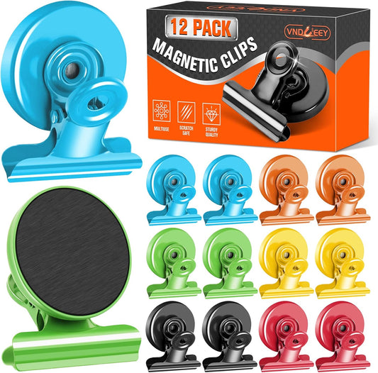 VNDUEEY 12 Pack Colorful Strong Magnetic Clips, Fridge Magnets Refrigerator Magnets, Clips Magnets for Whiteboard, Locker, Kitchen, Office Organizing Decorating (Multicolored)